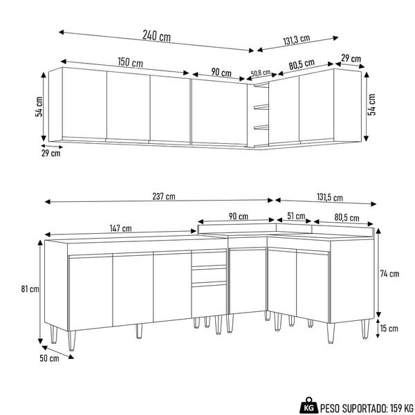 Imagem de Armário de Cozinha Modulado de Canto 6 Peças CP31 Balcão sem Tampo Preto - Lumil