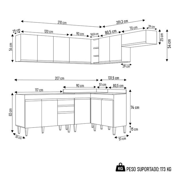 Imagem de Armário de Cozinha Modulado de Canto 7 Peças CP19 Balcão sem Tampo Preto - Lumil