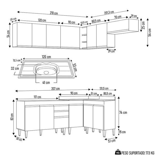 Imagem de Armário de Cozinha Modulado de Canto 7 Peças CP21 com Pia Inox Castanho/Preto - Lumil