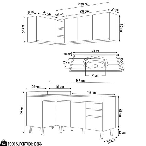 Imagem de Armário de Cozinha Modulado de Canto Direito 4 Peças CP39 com Pia Inox Preto - Lumil