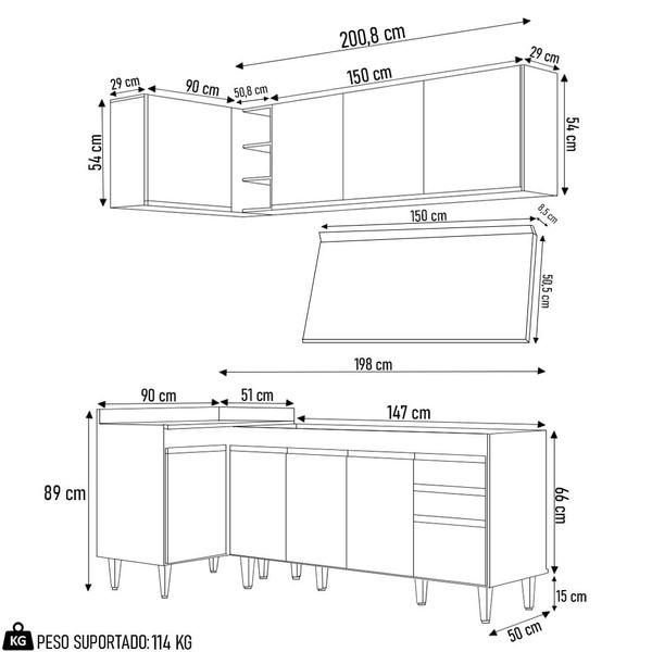 Imagem de Armário de Cozinha Modulado de Canto Direito 4 Peças CP41 Balcão com Tampo Castanho/Cinza - Lumil