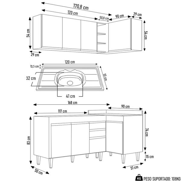 Imagem de Armário de Cozinha Modulado de Canto Esquerdo 4 Peças CP48 com Pia Inox Preto - Lumil