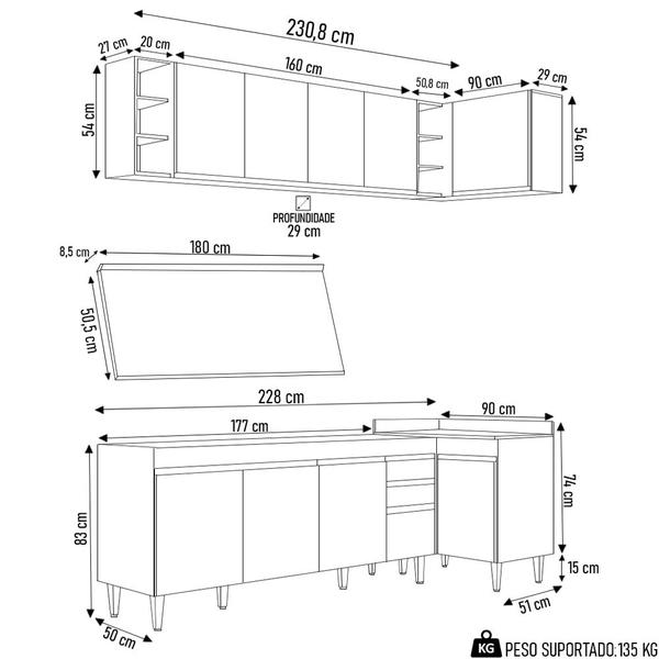 Imagem de Armário de Cozinha Modulado de Canto Esquerdo 5 Peças CP53 Balcão com Tampo Branco/Preto - Lumil