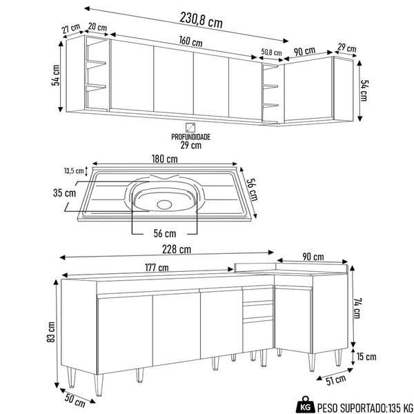 Imagem de Armário de Cozinha Modulado de Canto Esquerdo 5 Peças CP54 com Pia Inox Preto - Lumil