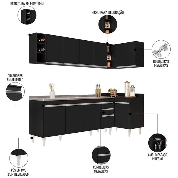 Imagem de Armário de Cozinha Modulado de Canto Esquerdo 5 Peças CP54 com Pia Inox Preto - Lumil