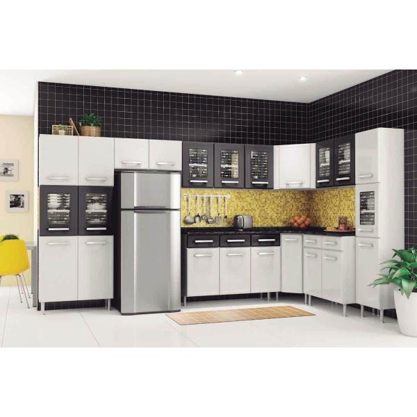 Imagem de Armário de Cozinha Modulado  Gourmet 7009 3 Portas c/ Vidro Branco/Preto - Bertolini