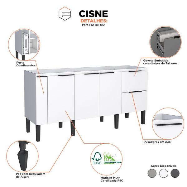 Imagem de Armário Gabinete de Cozinha Para Pia de 180 em Madeira Cisne 2 Gavetas Branco - Cozimax