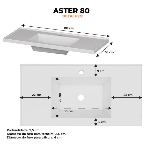 Imagem de Armário Gabinete para Banheiro em Madeira Com Lavatório em Mármore Sintético Aster 80 cm Cinza - Cozimax