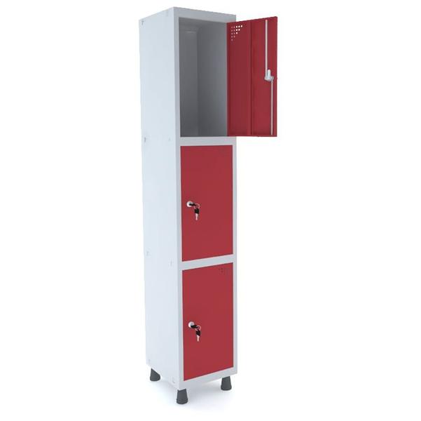 Imagem de Armário Guarda Volume Locker Roupeiro 1 Vão 3 Portas Aço GRF501/3 Cinza e Vermelho - Pandin