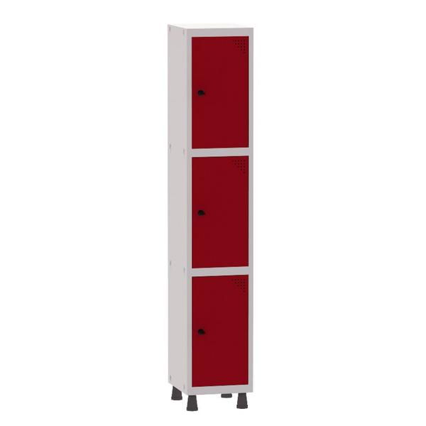 Imagem de Armário Guarda Volume Locker Roupeiro 1 Vão 3 Portas Aço GRP501/3 Cinza e Vermelho - Pandin