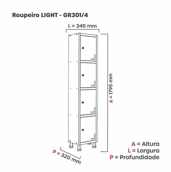 Imagem de Armário Guarda Volume Locker Roupeiro 1 Vão 4 Portas GR301/4 Light Cinza e Vermelho - Pandin