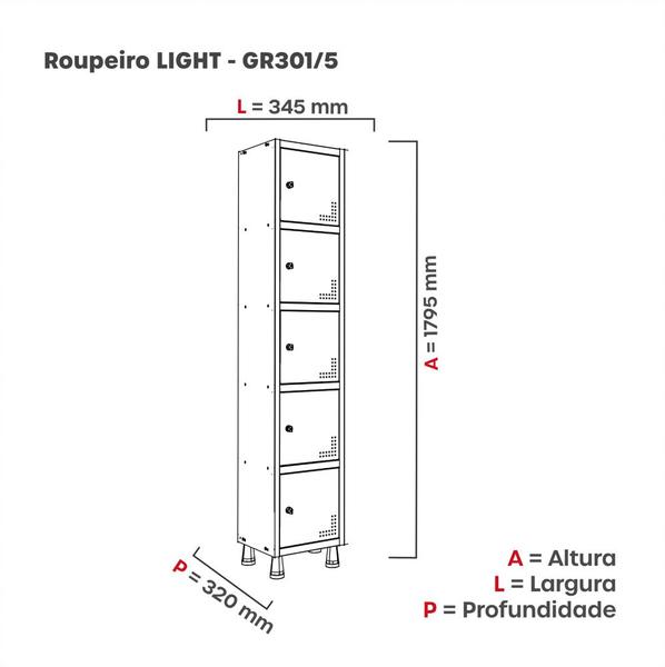 Imagem de Armário Guarda Volume Locker Roupeiro 1 Vão 5 Portas GR301/5 Light Cinza e Azul Dali - Pandin