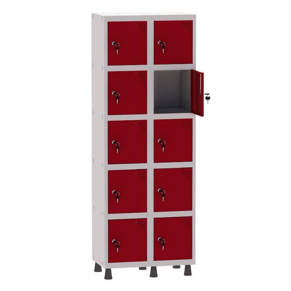 Imagem de Armário Guarda Volume Locker Roupeiro 2 Vãos 10 Portas Aço GRF502/10 Cinza e Vermelho - Pandin