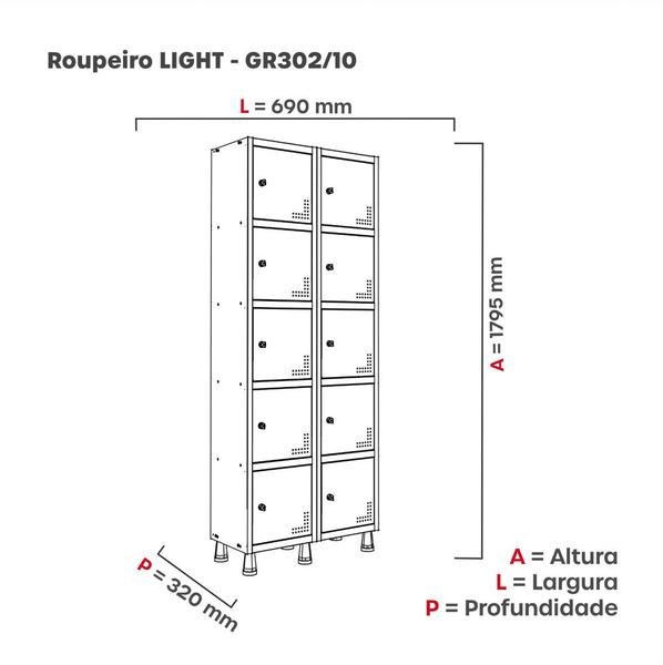 Imagem de Armário Guarda Volume Locker Roupeiro 2 Vãos 10 Portas GR302/10 Light Cinza e Preto - Pandin