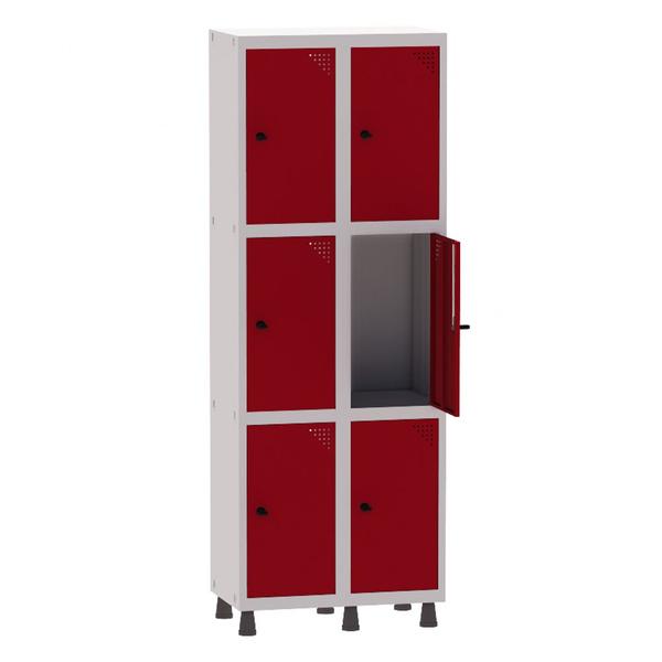 Imagem de Armário Guarda Volume Locker Roupeiro 2 Vãos 6 Portas Aço GRP502/6 Cinza e Vermelho - Pandin