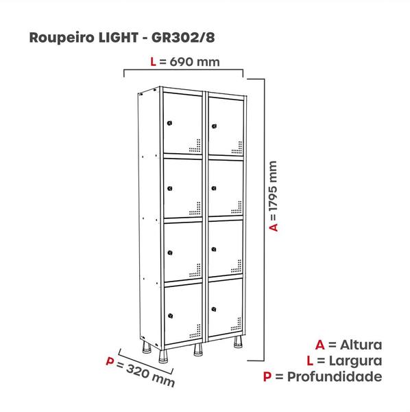 Imagem de Armário Guarda Volume Locker Roupeiro 2 Vãos 8 Portas GR302/8 Light Cinza e Preto - Pandin