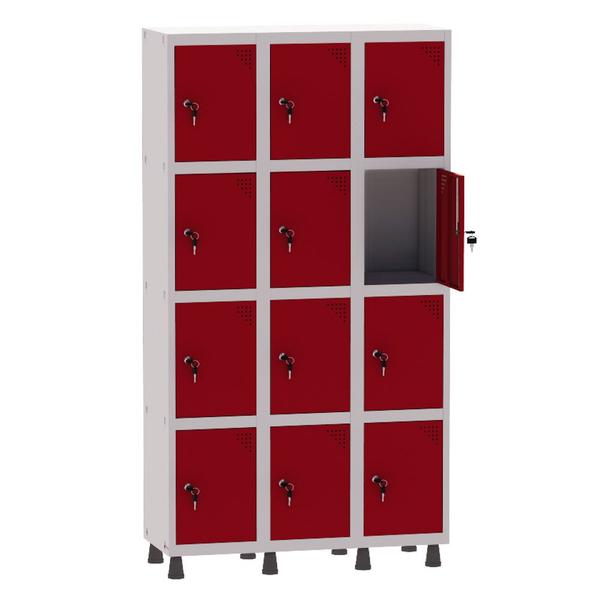 Imagem de Armário Guarda Volume Locker Roupeiro 3 Vãos 12 Portas Aço GRF503/12 Cinza e Vermelho - Pandin