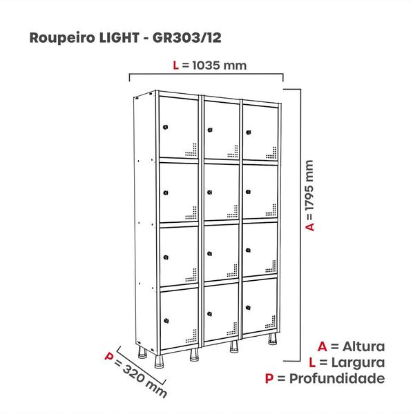 Imagem de Armário Guarda Volume Locker Roupeiro 3 Vãos 12 Portas GR303/12 Light Cinza e Azul Del Rey - Pandin