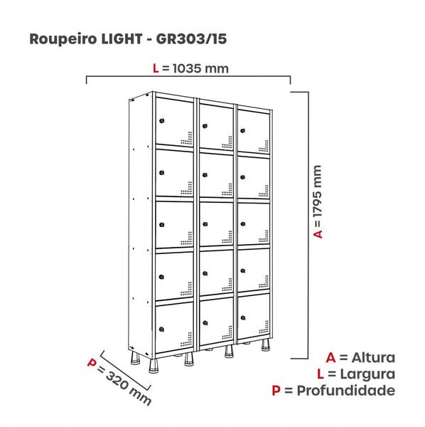 Imagem de Armário Guarda Volume Locker Roupeiro 3 Vãos 15 Portas GR303/15 Light Cinza e Preto - Pandin