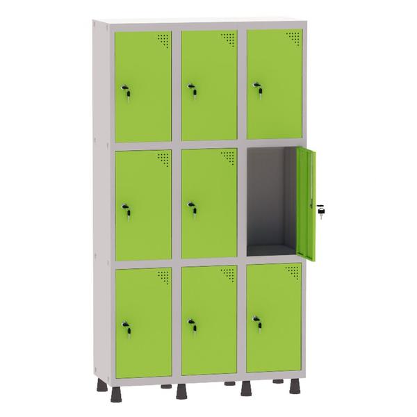 Imagem de Armário Guarda Volume Locker Roupeiro 3 Vãos 9 Portas Aço GRF503/9 Cinza e Verde Miró - Pandin