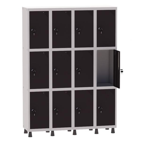 Imagem de Armário Guarda Volume Locker Roupeiro 4 Vãos 12 Portas Aço GRF504/12 Cinza e Preto - Pandin