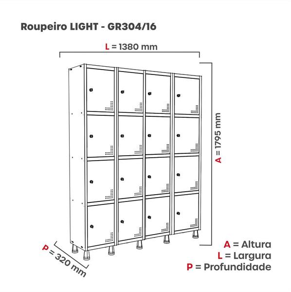 Imagem de Armário Guarda Volume Locker Roupeiro 4 Vãos 16 Portas GR304/16 Light Cinza e Preto - Pandin