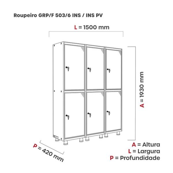 Imagem de Armário Guarda Volume Locker Roupeiro 6 Portas Aço 150cmx193cm Pandin Móveis