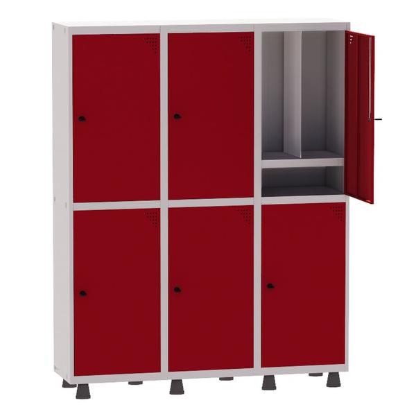 Imagem de Armário Guarda Volume Locker Roupeiro Insalubre 3 Vãos 06 Portas Com Prateleira GRP503/6INSPV Cinza e Vermelho - Pandin