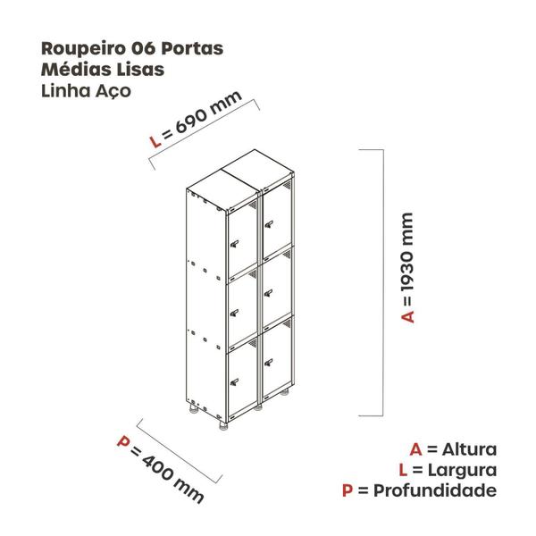 Armario Roupeiro 6 Portas Aço GRP 502/6 - Pandin Móveis Imagem de Armario Roupeiro 6 Portas Aço GRP 502/6