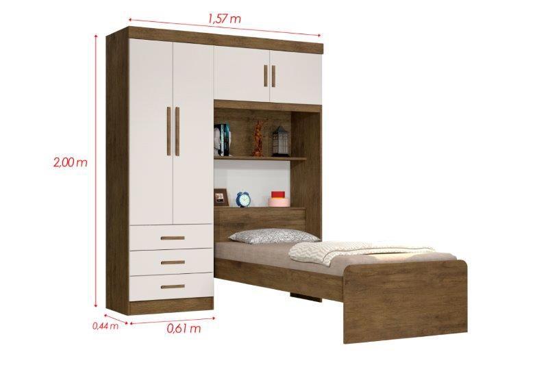 Imagem de Armário Roupeiro Guarda Roupas Solteiro com Cama + Baú na Cabeceira CAN 4 Portas Multi-função 3 gavetas Cor Jequitiba / Off White