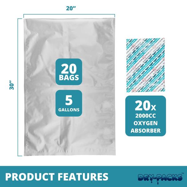 Imagem de Armazenamento de alimentos Mylar Bags Dry-Packs de 5 galões x 20 com absorvedores de oxigênio