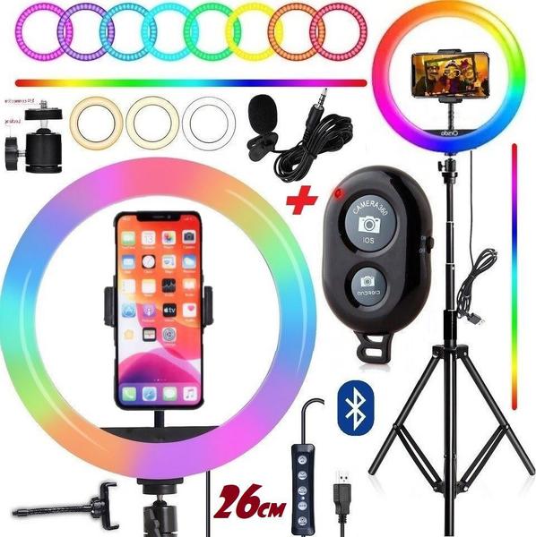 Imagem de Aro De Luz Anel Ring Light Iluminação Led Hinglight Rgb Colorido 26cm + Suporte Celular Tripé 2 mts Microfone Make Fotos