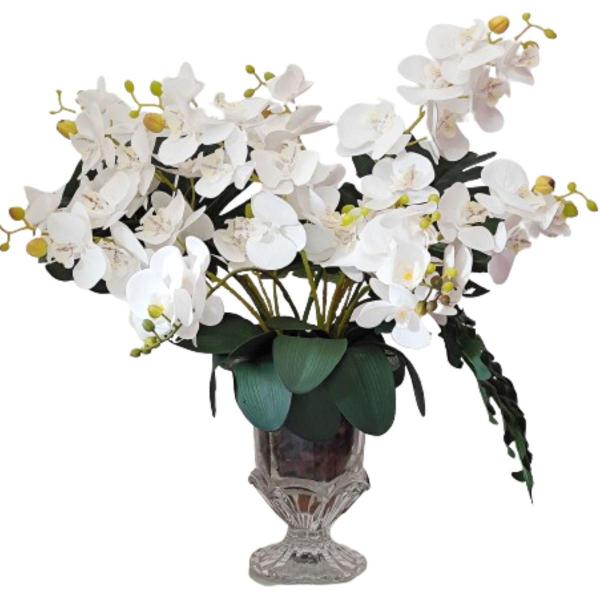 Imagem de Arranjo Com 12 Orquídeas Brancas E Folhagem Vaso Vidro Cristal