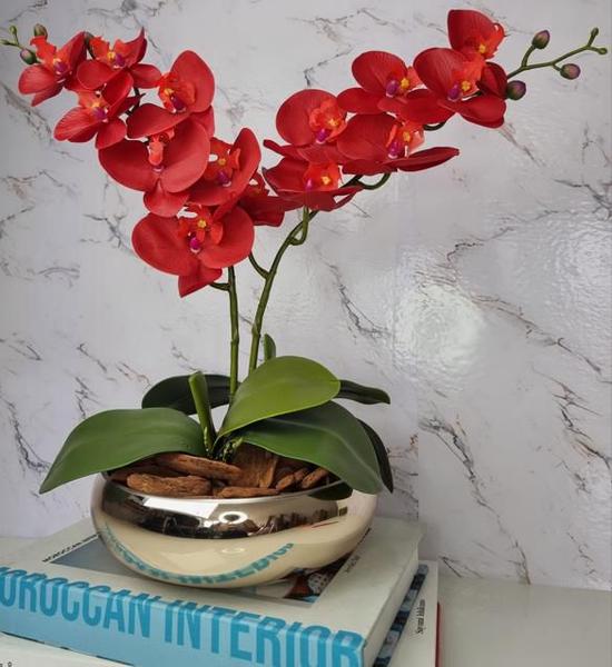 Imagem de Arranjo Com 2 Orquídeas Vermelha Vaso Dourado 22cm