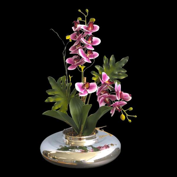 Imagem de Arranjo com Duas Orquídeas Rosas e Guaimbé no Vaso Prateado  Formosinha