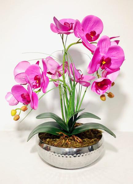 Imagem de Arranjo Completo Orquídea Siliconada com Folhas Vaso Inox Metalizado.