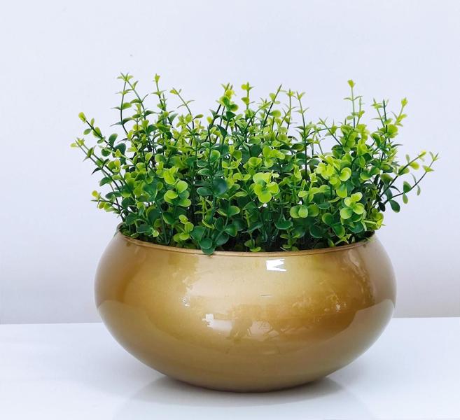 Imagem de Arranjo de Folhagem Verde Artificial No Vaso Dourado Luxo