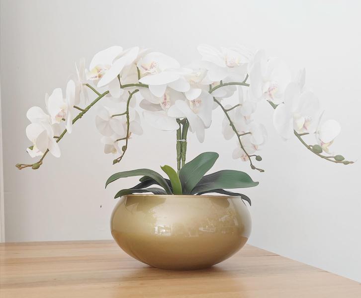 Imagem de Arranjo de Mesa 4 Flores de Orquídeas Brancas Vaso Dourado
