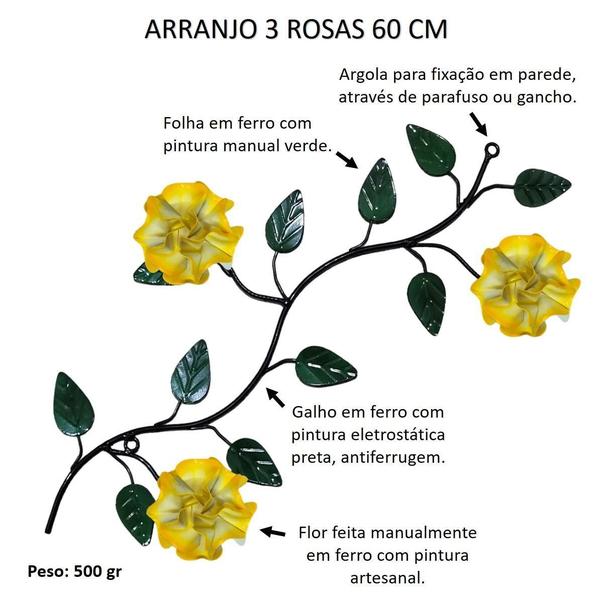 Imagem de Arranjo De Parede Com Folhas E Flores Em Ferro 3 Rosas Bege