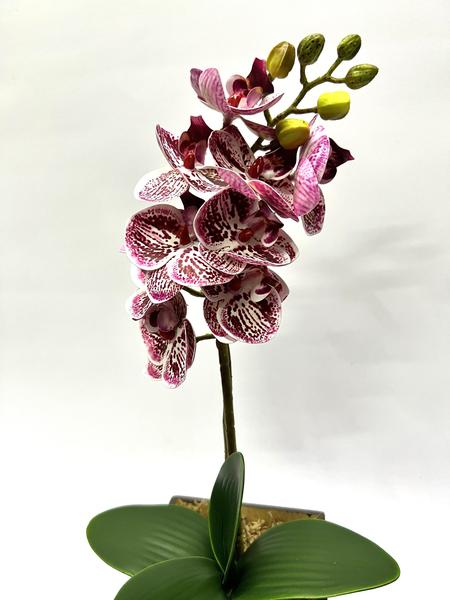 Imagem de Arranjo Flores Artificiais Orquídea Silicone Toque Real Pequena Rosa Pink Mesclada Cachepot Madeira Decoração