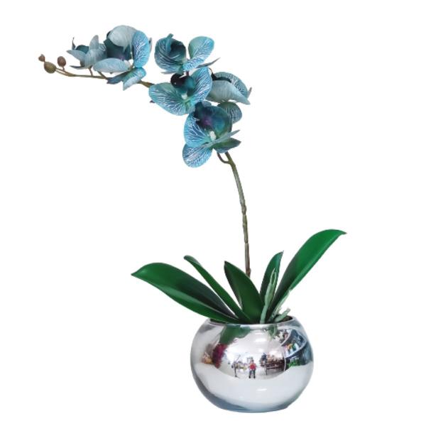 Arranjo No Vaso Prata Flores Artificial Orquideas Azul - La Caza Store Imagem de Arranjo No Vaso Prata Flores Artificial Orquideas Azul