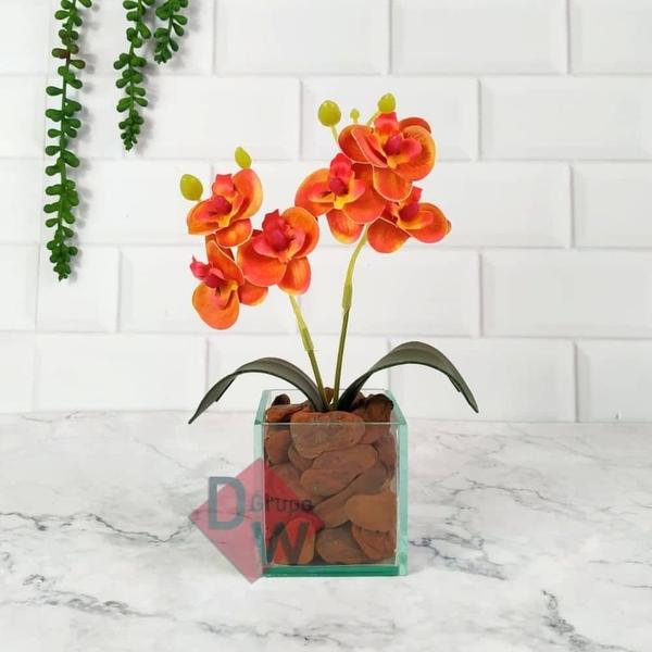 Imagem de Arranjo Orquídea Artificial + Vaso Vidro com Cascalho