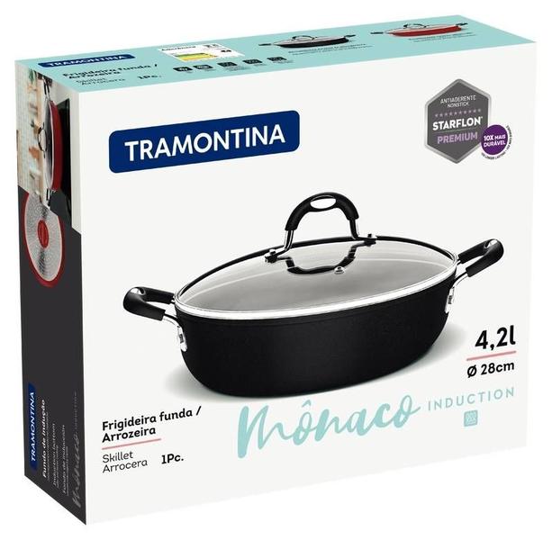 Arrozeira tramontina mônaco induction em alumínio com revestimento interno e externo antiaderente starflon premium preto com tampa 28 cm 4,2 l Imagem de Arrozeira tramontina mônaco induction em alumínio com revestimento interno e externo antiaderente starflon premium preto com tampa 28 cm 4,2 l