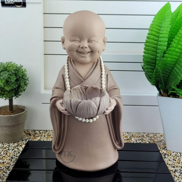 Imagem de Artigo Decoração Escultura Exotérica Médio Monge Sorridente Feliz C/ Flor de Lotus Buda Incensário BW44459-3