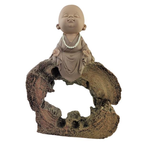 Imagem de Artigo Religioso Estátua Resina Buda Monge Budista Tibetano Meditando Sentado Tronco Marrom