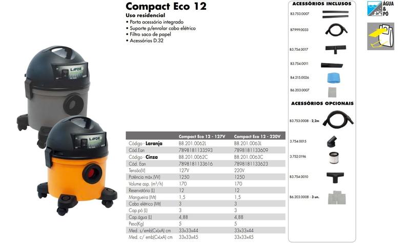 Imagem de Aspirador de Pó e Água 12L Compact Eco 1250W Lavor Wash