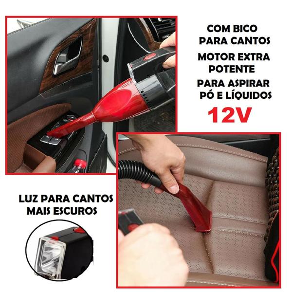 Imagem de Aspirador de Pó e Líquidos Vermelho P/ Carro 12V Extra Potente 60W C/ Mangueira Escova e Luz Led 