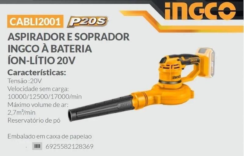 Imagem de Aspirador E Soprador 20V Ingco Com Bateria E Carregador