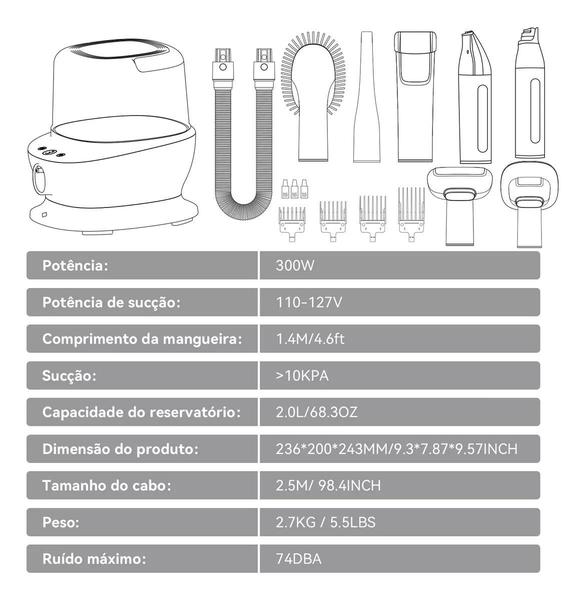 Imagem de Aspirador Profissional Para Pelos Maquina de Tosa PET Cães e Gatos Kit de Limpeza 5 em 1 Banho e Tosa Pet Shop 127V Profissional 