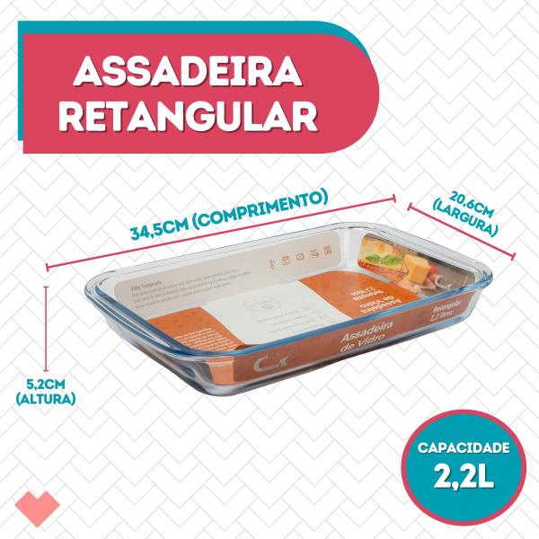 Imagem de Assadeira Vidro Retangular 2,2L Forno Massas S/ Tampa